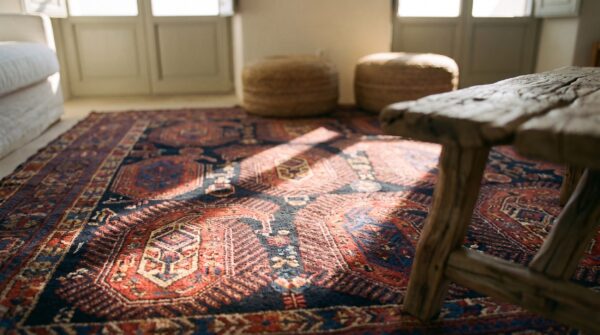 Rustic large scale tribal paisley antique geometric people and animals persian afshar rug 10 Rustic large scale tribal paisley antique geometric people and animals persian afshar rug (sku 19034) - in-room detail