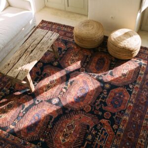 Rustic Large Scale Tribal Paisley Antique Geometric People and Animals Persian Afshar Rug (SKU 19034) - styled overhead view