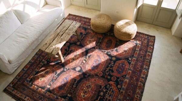 Rustic large scale tribal paisley antique geometric people and animals persian afshar rug 2 Rustic large scale tribal paisley antique geometric people and animals persian afshar rug (sku 19034) - styled overhead view