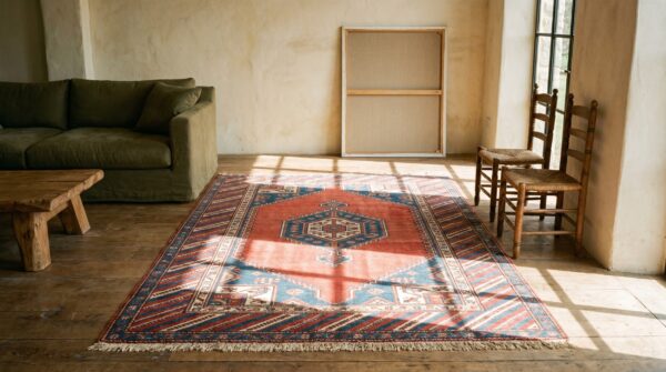 Rustic antique late 19th century geometric caucasian tribal coral rug 8 Rustic antique late 19th century geometric caucasian tribal coral rug (sku 19479) - room view