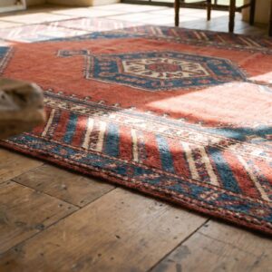 Rustic Antique Late 19th Century Geometric Caucasian Tribal Coral Rug (SKU 19479) - in-room detail