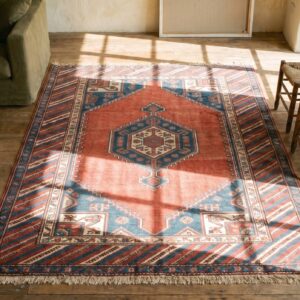 Rustic Antique Late 19th Century Geometric Caucasian Tribal Coral Rug (SKU 19479) - styled overhead view