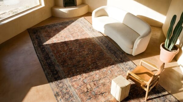 Rustic antique long and narrow oversized coral persian bidjar carpet 2 Rustic antique long and narrow oversized coral persian bidjar carpet (sku 25024) - styled overhead view