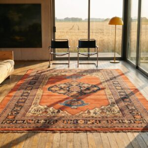 Antique Rustic Open Field Tribal Anchor Medallion Persian Bidjar Coral Rug (SKU 21246) - room view