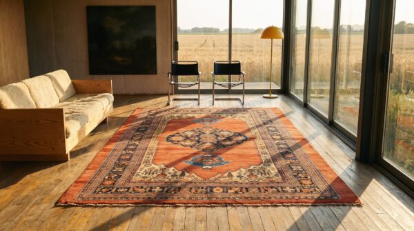 Antique rustic open field tribal anchor medallion persian bidjar coral rug 8 Antique rustic open field tribal anchor medallion persian bidjar coral rug (sku 21246) - room view