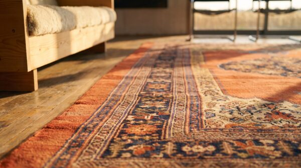 Antique rustic open field tribal anchor medallion persian bidjar coral rug 9 Antique rustic open field tribal anchor medallion persian bidjar coral rug (sku 21246) - in-room detail