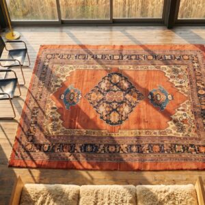 Antique Rustic Open Field Tribal Anchor Medallion Persian Bidjar Coral Rug (SKU 21246) - styled overhead view