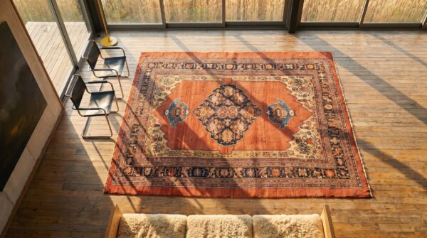 Antique rustic open field tribal anchor medallion persian bidjar coral rug 2 Antique rustic open field tribal anchor medallion persian bidjar coral rug (sku 21246) - styled overhead view