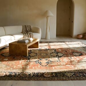 Rustic Oversized Late 19th century Antique Persian Heriz Serapi Tribal Medallion Coral Carpet (SKU 23560) - room view