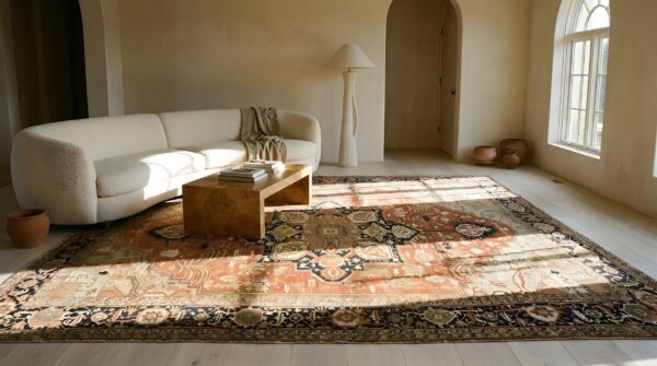 Rustic oversized late 19th century antique persian heriz serapi tribal medallion coral carpet (sku 23560) - room view