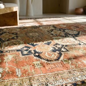 Rustic Oversized Late 19th century Antique Persian Heriz Serapi Tribal Medallion Coral Carpet (SKU 23560) - in-room detail