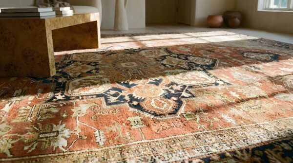 Rustic oversized late 19th century antique persian heriz serapi tribal medallion coral carpet (sku 23560) - in-room detail
