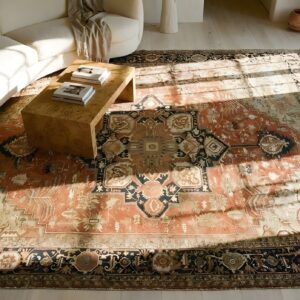 Rustic Oversized Late 19th century Antique Persian Heriz Serapi Tribal Medallion Coral Carpet (SKU 23560) - styled overhead view