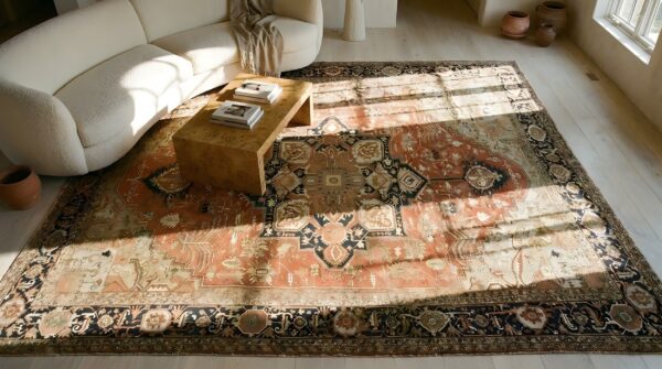 Rustic oversized late 19th century antique persian heriz serapi tribal medallion coral carpet (sku 23560) - styled overhead view
