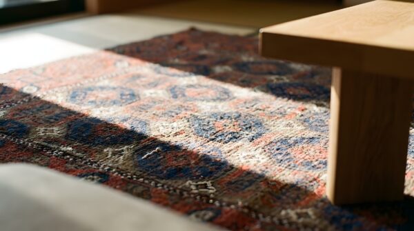 Rustic oxidized tribal design small antique persian baluch scatter rug 7 Rustic oxidized tribal design small antique persian baluch scatter rug (sku 25436) - in-room detail