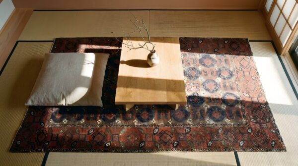 Rustic oxidized tribal design small antique persian baluch scatter rug 2 Rustic oxidized tribal design small antique persian baluch scatter rug (sku 25436) - styled overhead view