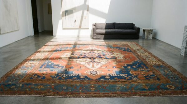 Antique rustic persian heriz serapi coral room size tribal geometric medallion rug 7 Antique rustic persian heriz serapi coral room size tribal geometric medallion rug (sku 19721) - room view