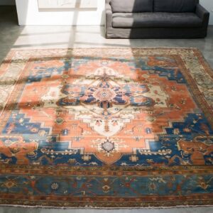 Antique Rustic Persian Heriz Serapi Coral Room Size Tribal Geometric Medallion Rug (SKU 19721) - styled overhead view