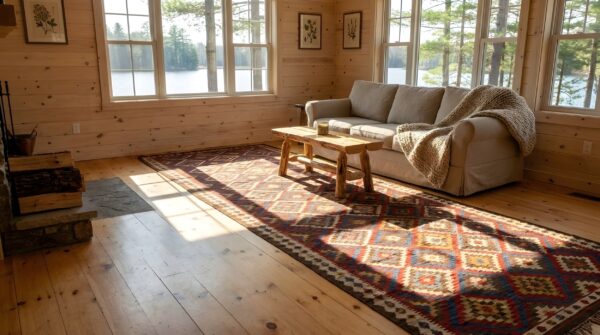 Antique rustic red color allover geometric native american navajo flat weave rug (sku 23972) - in-room detail