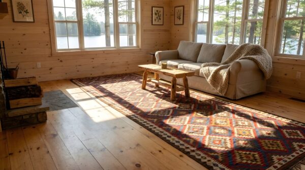 Antique rustic red color allover geometric native american navajo flat weave rug (sku 23972) - styled overhead view