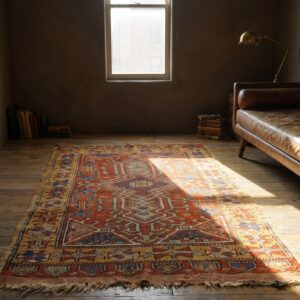 Rustic Antique Red Small Scatter Size Wool Pile Tribal Geometric Turkish Yastik Rug (SKU 22767) - room view