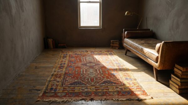 Rustic antique red small scatter size wool pile tribal geometric turkish yastik rug 6 Rustic antique red small scatter size wool pile tribal geometric turkish yastik rug (sku 22767) - room view