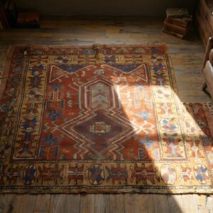 Rustic Antique Red Small Scatter Size Wool Pile Tribal Geometric Turkish Yastik Rug (SKU 22767) - styled overhead view