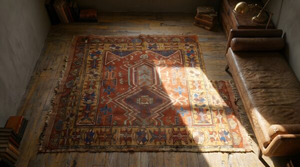 Rustic antique red small scatter size wool pile tribal geometric turkish yastik rug 2 Rustic antique red small scatter size wool pile tribal geometric turkish yastik rug (sku 22767) - styled overhead view