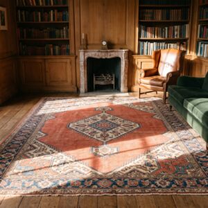 Rustic Room Size Antique Primitive Tribal Coral Persian Serapi Heriz Carpet (SKU 21225) - room view