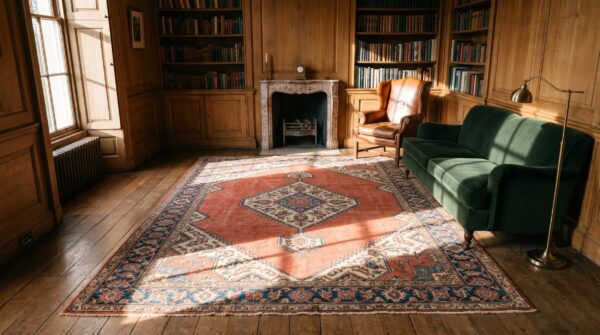 Rustic room size antique primitive tribal coral persian serapi heriz carpet 7 Rustic room size antique primitive tribal coral persian serapi heriz carpet (sku 21225) - room view