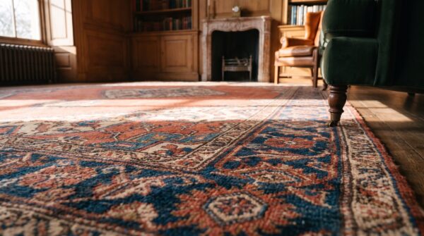 Rustic room size antique primitive tribal coral persian serapi heriz carpet 8 Rustic room size antique primitive tribal coral persian serapi heriz carpet (sku 21225) - in-room detail