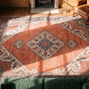 Rustic Room Size Antique Primitive Tribal Coral Persian Serapi Heriz Carpet (SKU 21225) - styled overhead view