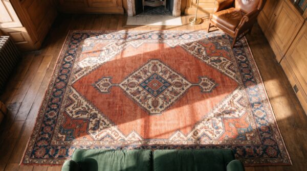 Rustic room size antique primitive tribal coral persian serapi heriz carpet 2 Rustic room size antique primitive tribal coral persian serapi heriz carpet (sku 21225) - styled overhead view