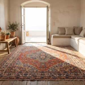 Rustic Small Size Coral Antique Late 19th Century Fine Floral Medallion Persian Tabriz Rug (SKU 19411) - room view