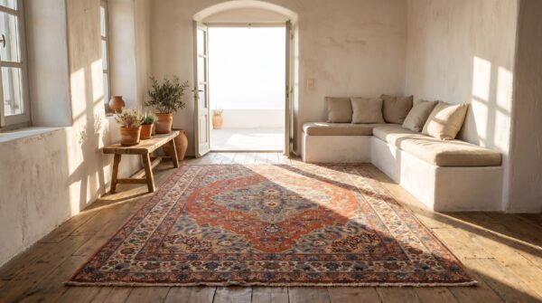 Rustic small size coral antique late 19th century fine floral medallion persian tabriz rug 9 Rustic small size coral antique late 19th century fine floral medallion persian tabriz rug (sku 19411) - room view