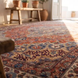 Rustic Small Size Coral Antique Late 19th Century Fine Floral Medallion Persian Tabriz Rug (SKU 19411) - in-room detail