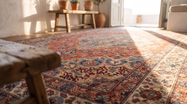 Rustic small size coral antique late 19th century fine floral medallion persian tabriz rug 10 Rustic small size coral antique late 19th century fine floral medallion persian tabriz rug (sku 19411) - in-room detail