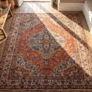 Rustic Small Size Coral Antique Late 19th Century Fine Floral Medallion Persian Tabriz Rug (SKU 19411) - styled overhead view