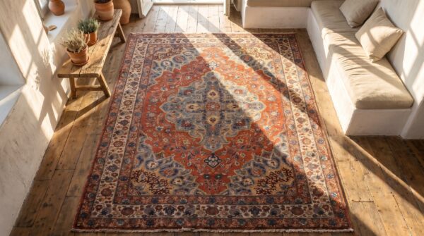 Rustic small size coral antique late 19th century fine floral medallion persian tabriz rug 2 Rustic small size coral antique late 19th century fine floral medallion persian tabriz rug (sku 19411) - styled overhead view