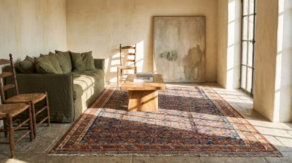 Rustic tribal allover pattern antique blue persian afshar rug (sku 21854) - room view