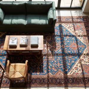 Rustic Tribal Allover Pattern Antique Blue Persian Afshar Rug (SKU 21854) - styled overhead view