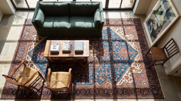 Rustic tribal allover pattern antique blue persian afshar rug (sku 21854) - styled overhead view