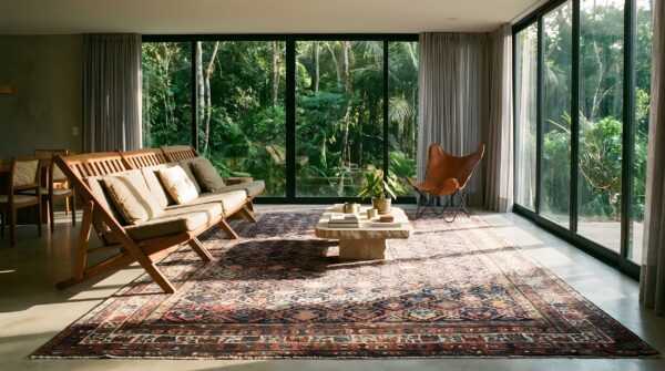 Rustic tribal allover pattern antique caucasian geometric knotted rug (sku 24258) - room view