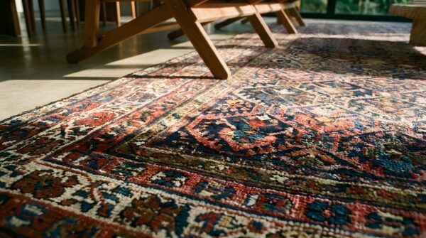 Rustic tribal allover pattern antique caucasian geometric knotted rug (sku 24258) - in-room detail