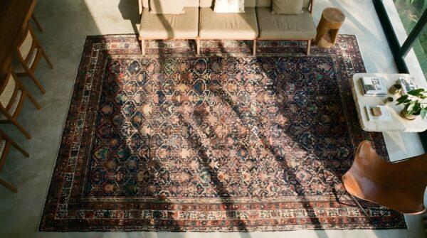 Rustic tribal allover pattern antique caucasian geometric knotted rug (sku 24258) - styled overhead view