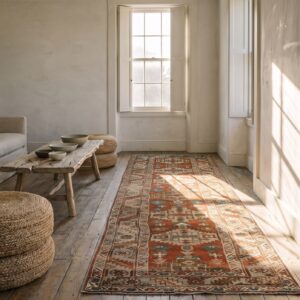 Rustic Tribal Antique Coral Persian Serapi Heriz Wool Pile Hallway Runner Rug (SKU 22902) - room view