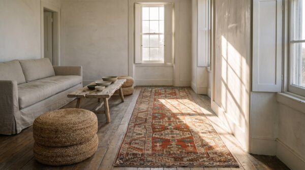 Rustic tribal antique coral persian serapi heriz wool pile hallway runner rug 9 Rustic tribal antique coral persian serapi heriz wool pile hallway runner rug (sku 22902) - room view