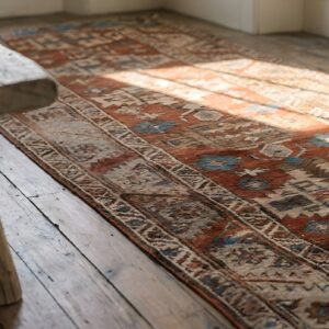 Rustic Tribal Antique Coral Persian Serapi Heriz Wool Pile Hallway Runner Rug (SKU 22902) - in-room detail