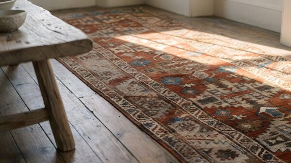 Rustic tribal antique coral persian serapi heriz wool pile hallway runner rug 10 Rustic tribal antique coral persian serapi heriz wool pile hallway runner rug (sku 22902) - in-room detail