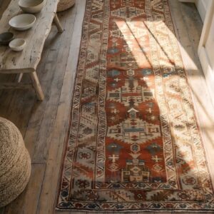 Rustic Tribal Antique Coral Persian Serapi Heriz Wool Pile Hallway Runner Rug (SKU 22902) - styled overhead view